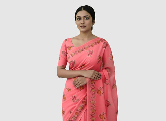 Silk Cotton Sarees Online ā Floral Print & Foil Work Cotton Silk Saree with Blouse Piece