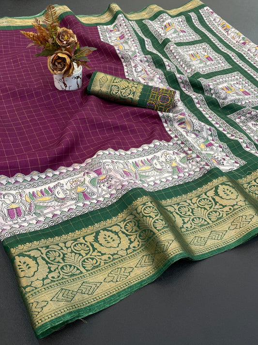 Dola Silk With Jacquard Border ā Designer Printed Saree with Checks Zari & Rich Pallu