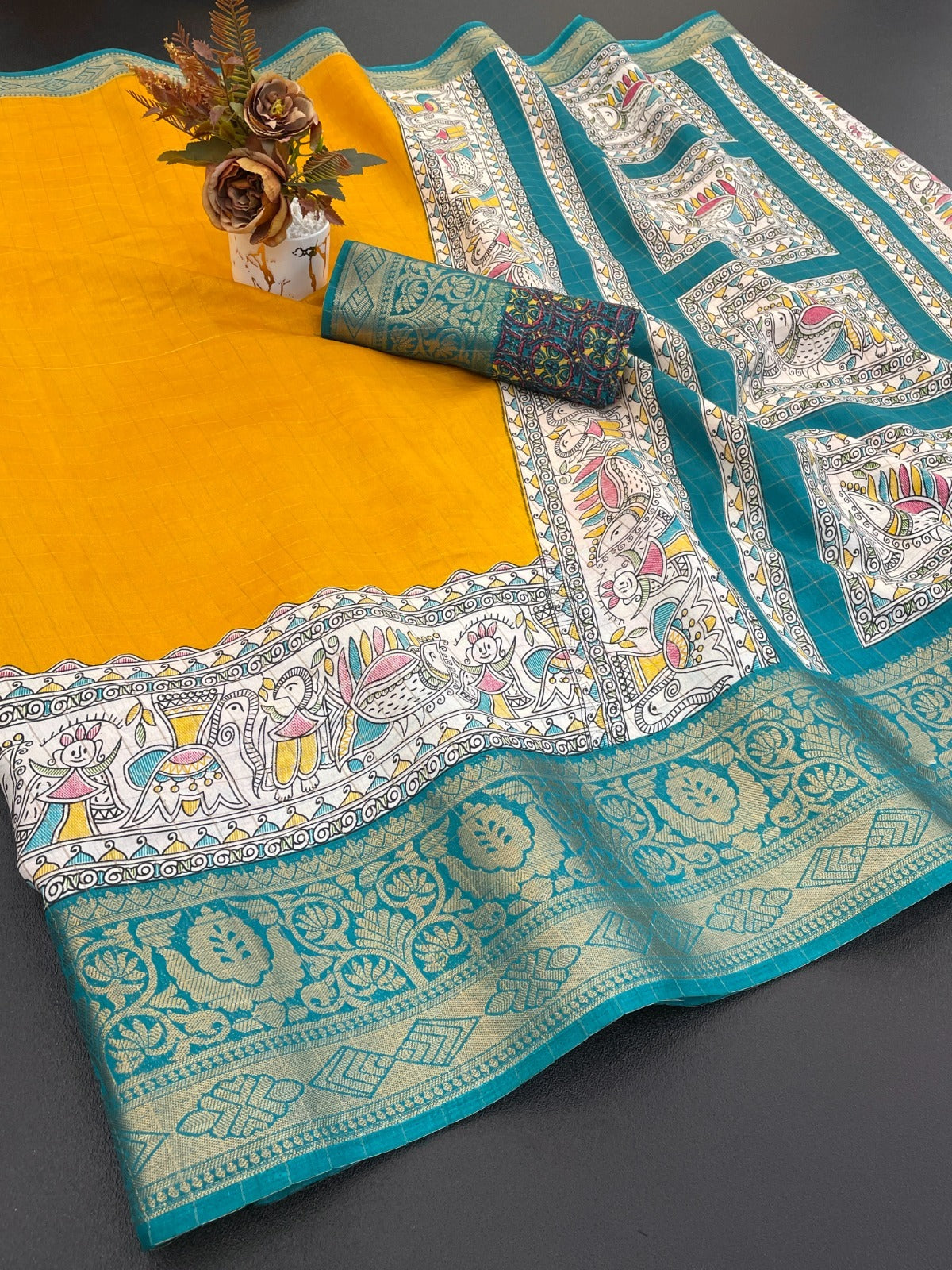 Dola Silk With Jacquard Border – Designer Printed Saree with Checks Zari & Rich Pallu