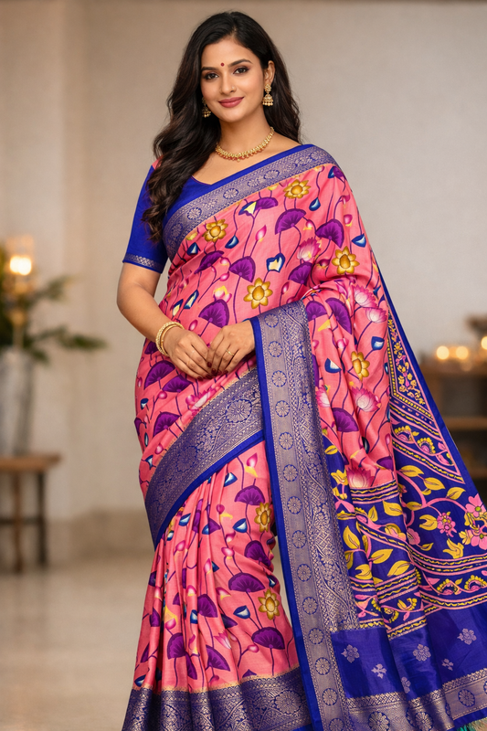 Dola Silk Saree with Jacquard Border – Designer Printed Dola Silk Saree with Matching Blouse