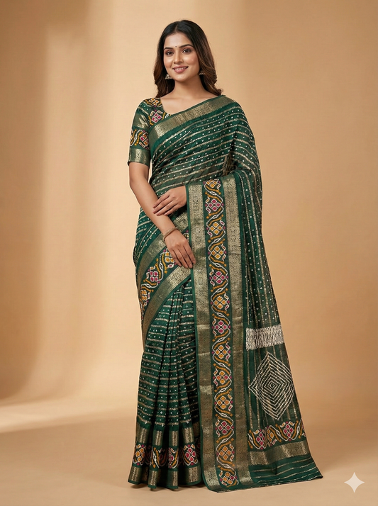Dola Silk Saree with Double Jacquard Border – Designer Printed Dola Silk Saree with Matching Blouse