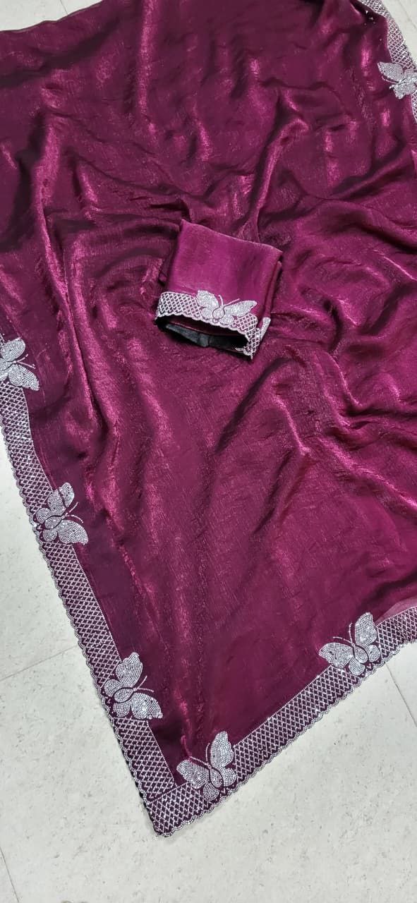 Bollywood Party Wear Saree for Women | Fancy Fabric Hot Fixing Butterfly Stone Work Saree with Unstitched Blouse