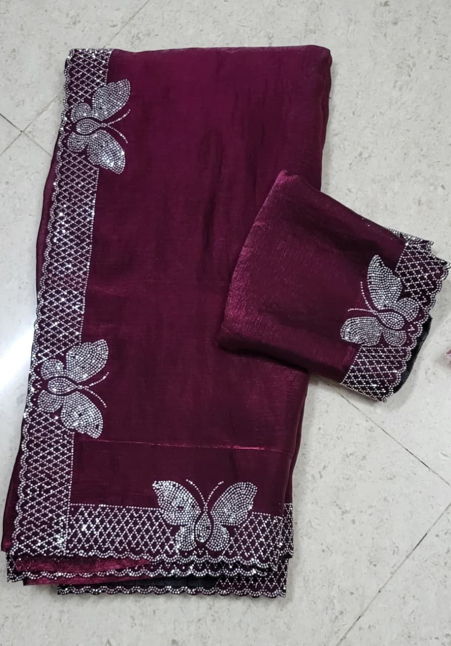 Bollywood Party Wear Saree for Women | Fancy Fabric Hot Fixing Butterfly Stone Work Saree with Unstitched Blouse