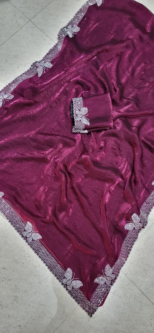 Bollywood Party Wear Saree for Women | Fancy Fabric Hot Fixing Butterfly Stone Work Saree with Unstitched Blouse