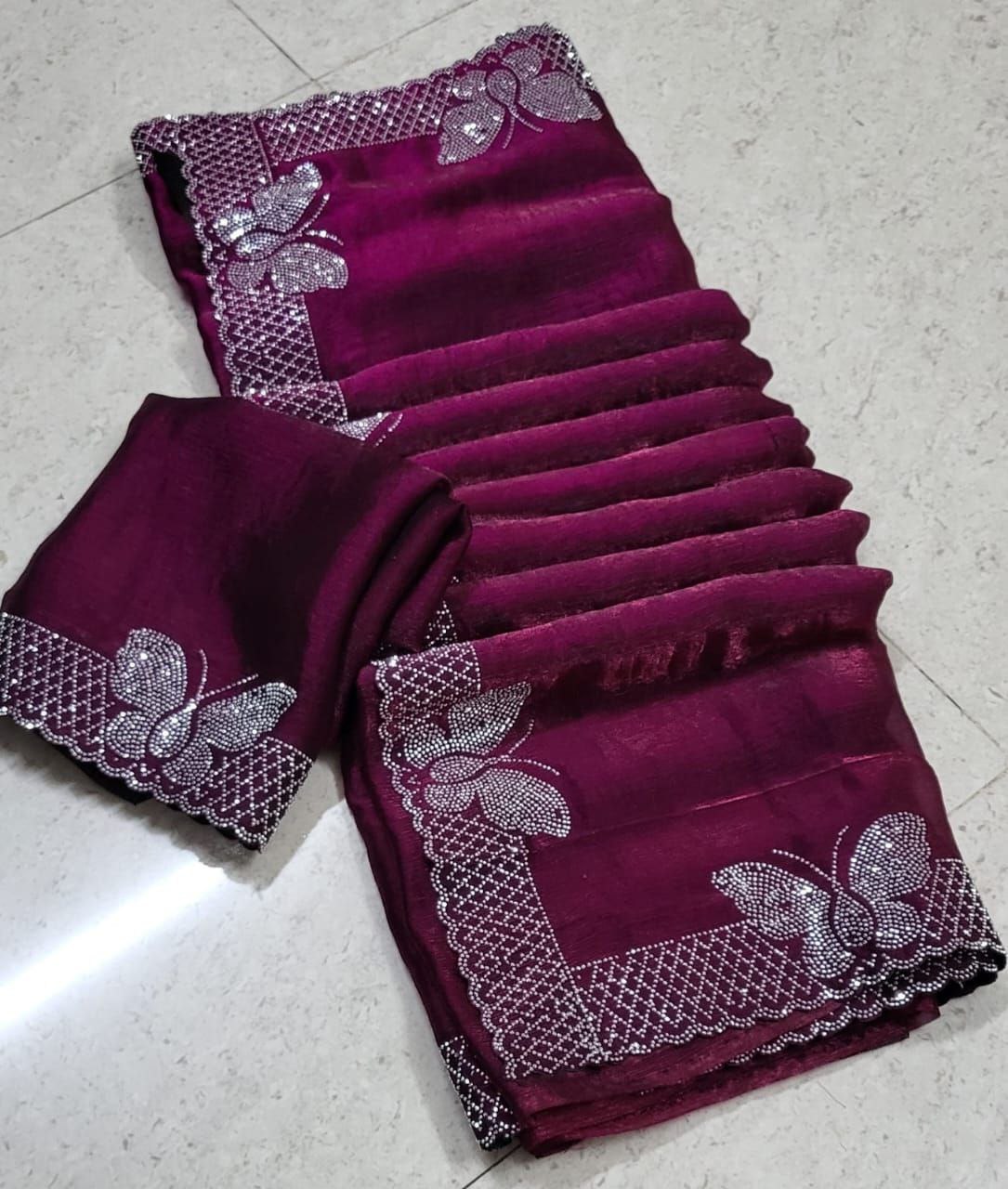 Bollywood Party Wear Saree for Women | Fancy Fabric Hot Fixing Butterfly Stone Work Saree with Unstitched Blouse