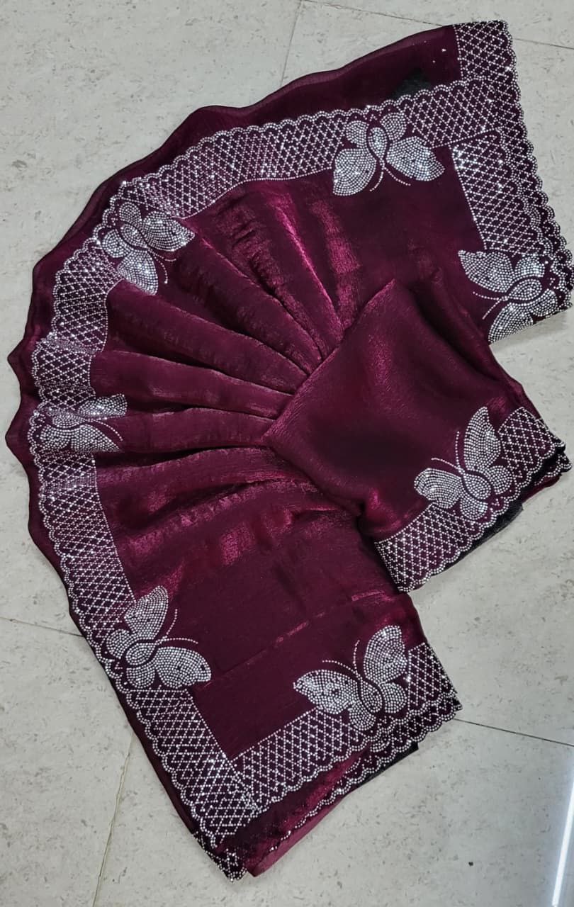 Bollywood Party Wear Saree for Women | Fancy Fabric Hot Fixing Butterfly Stone Work Saree with Unstitched Blouse