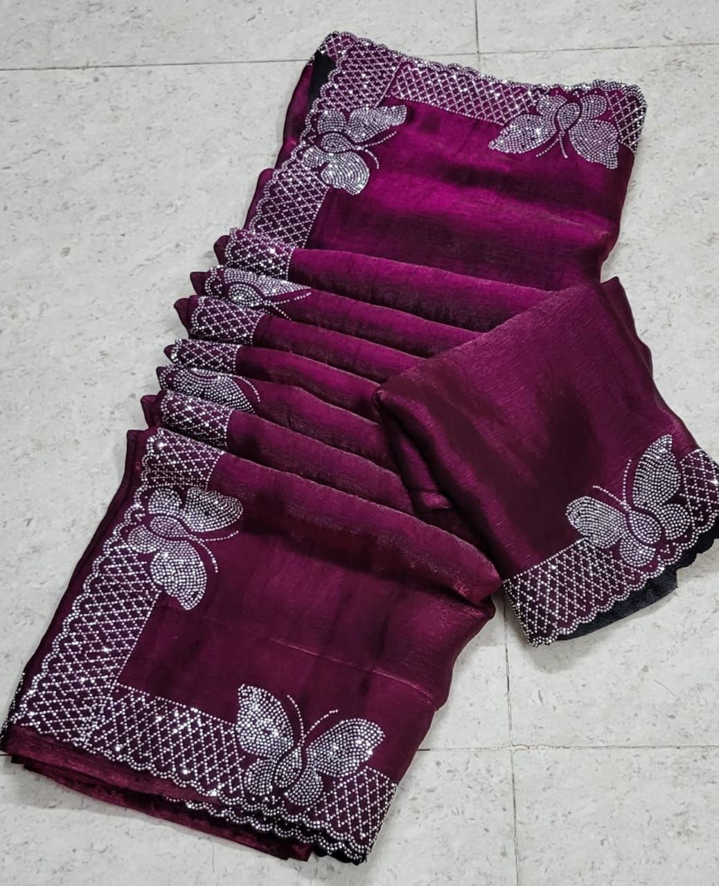 Bollywood Party Wear Saree for Women | Fancy Fabric Hot Fixing Butterfly Stone Work Saree with Unstitched Blouse