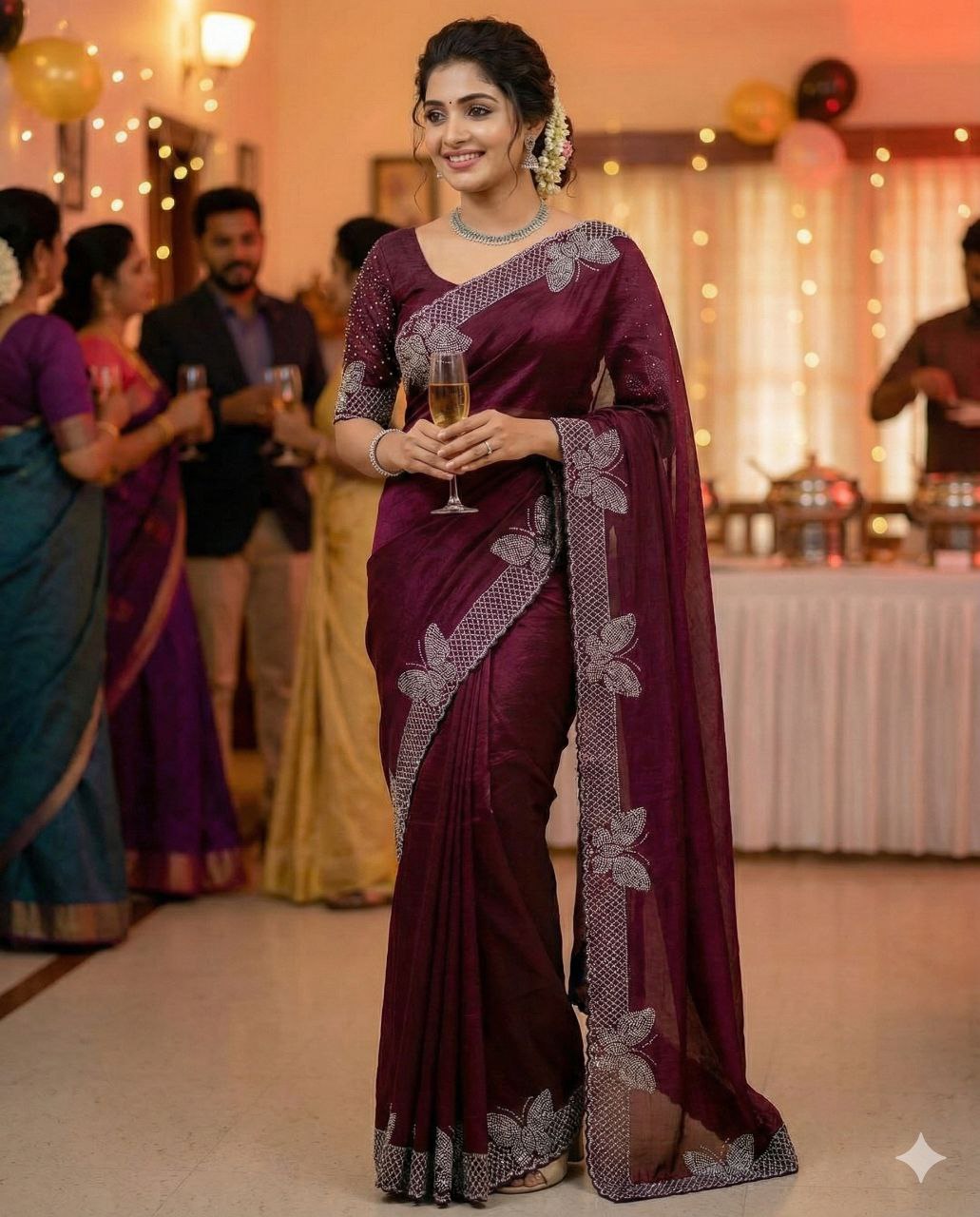 Bollywood Party Wear Saree for Women | Fancy Fabric Hot Fixing Butterfly Stone Work Saree with Unstitched Blouse