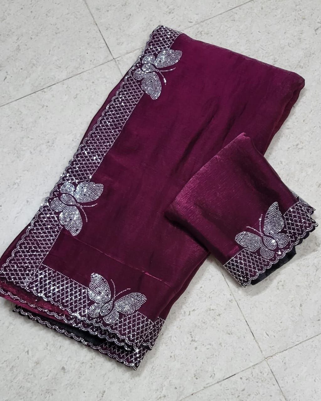 Bollywood Party Wear Saree for Women | Fancy Fabric Hot Fixing Butterfly Stone Work Saree with Unstitched Blouse