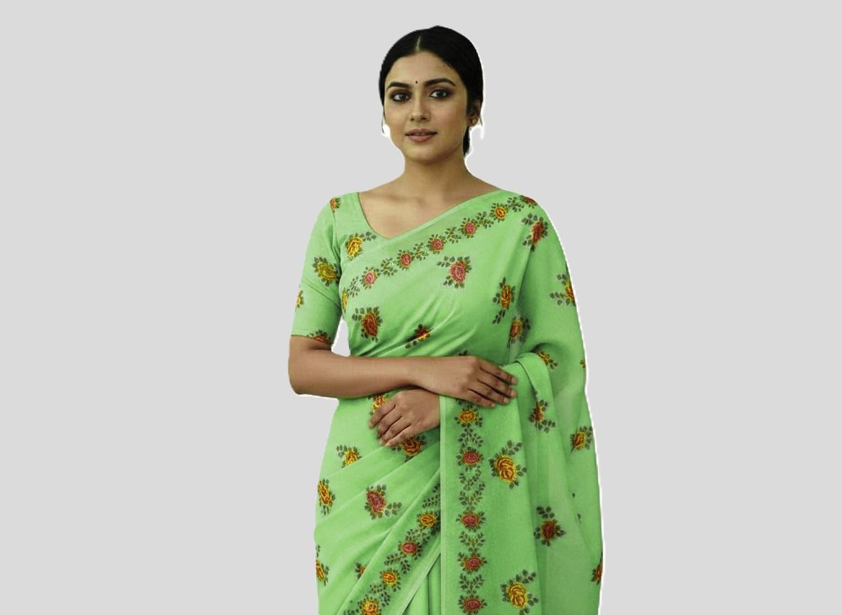 Silk Cotton Sarees Online – Floral Print & Foil Work Cotton Silk Saree with Blouse Piece