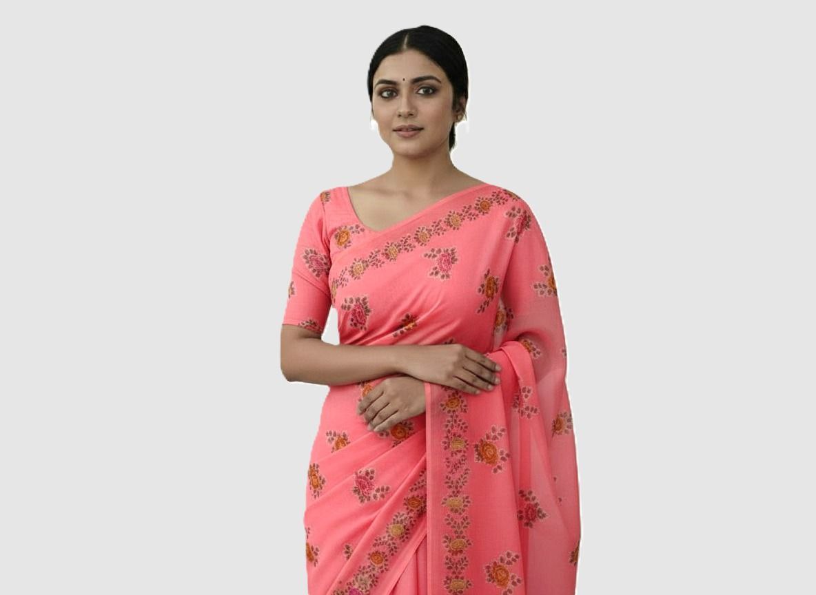 Silk Cotton Sarees Online – Floral Print & Foil Work Cotton Silk Saree with Blouse Piece