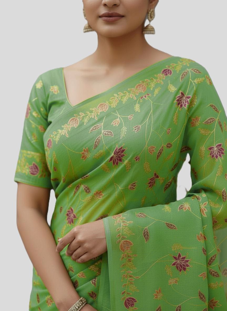 Cotton Silk Saree with Elegant Print & Foil Work – Free Size with Matching Unstitched Blouse