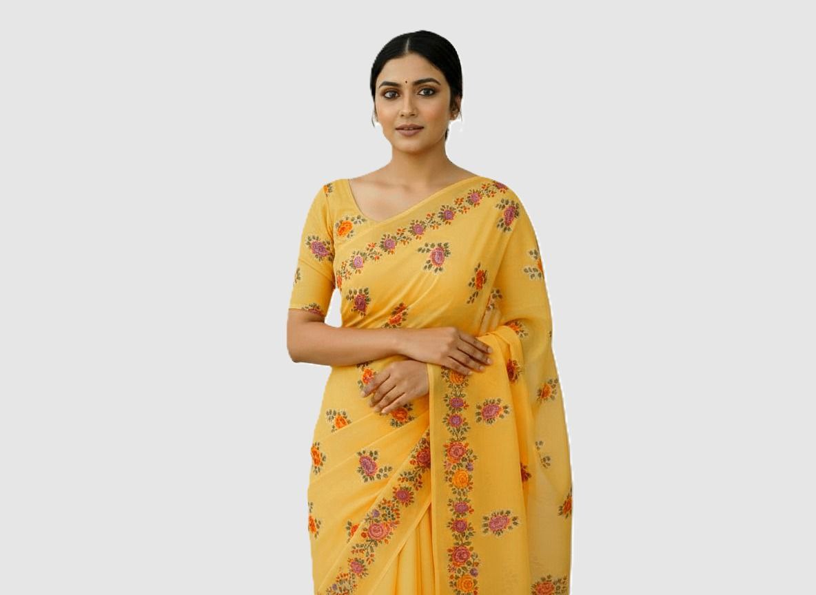 Silk Cotton Sarees Online – Floral Print & Foil Work Cotton Silk Saree with Blouse Piece