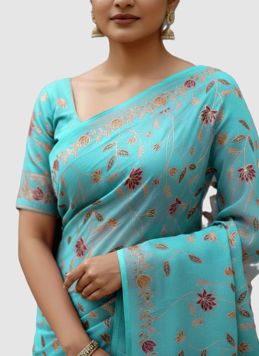 Cotton Silk Saree with Elegant Print & Foil Work – Free Size with Matching Unstitched Blouse