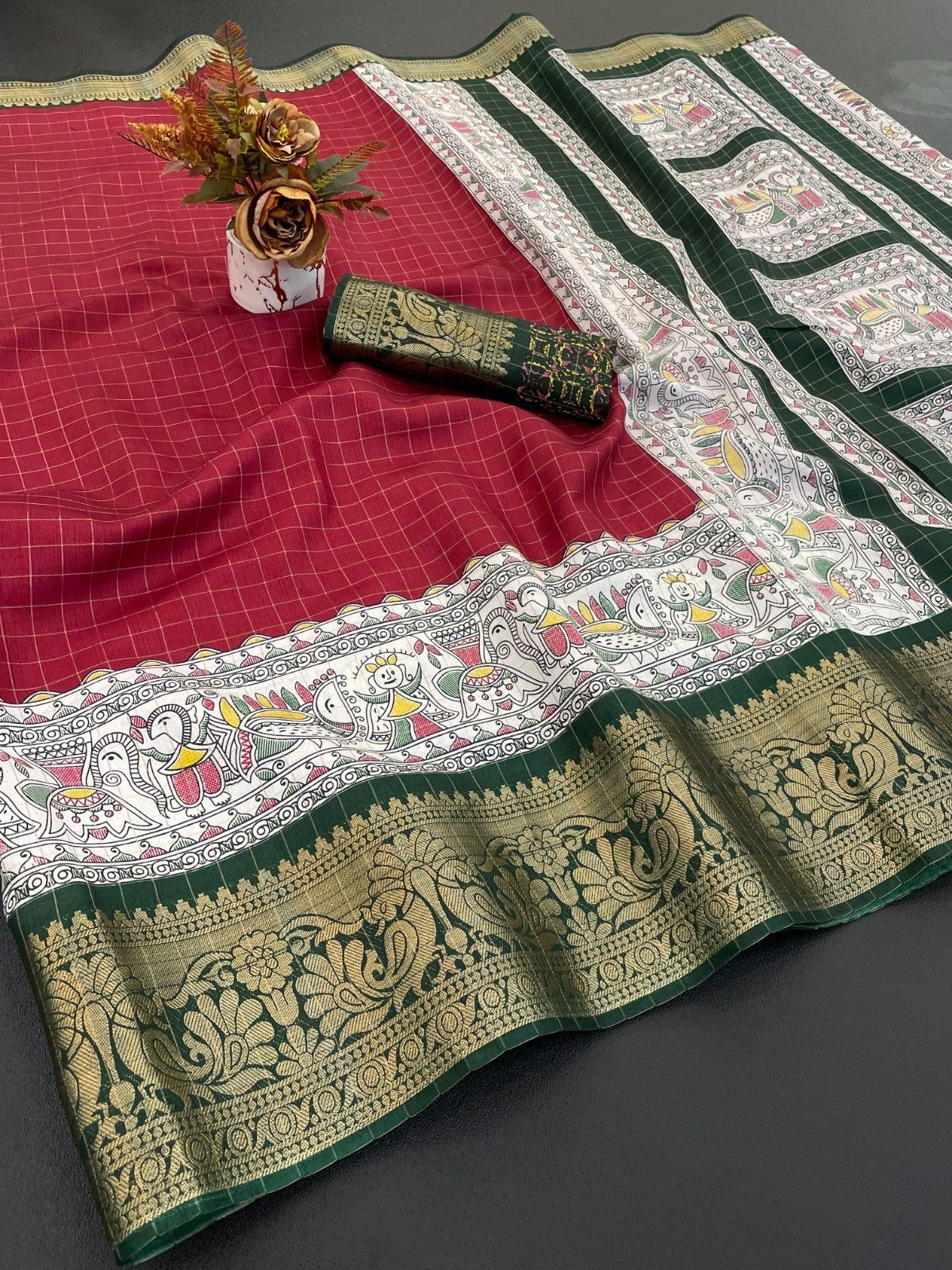 Dola Silk With Jacquard Border – Designer Printed Saree with Checks Zari & Rich Pallu