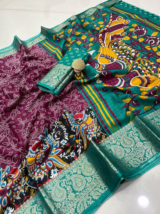 Dola Silk With Jacquard Border With Checks Zari – Designer Print Saree with Rich Pallu