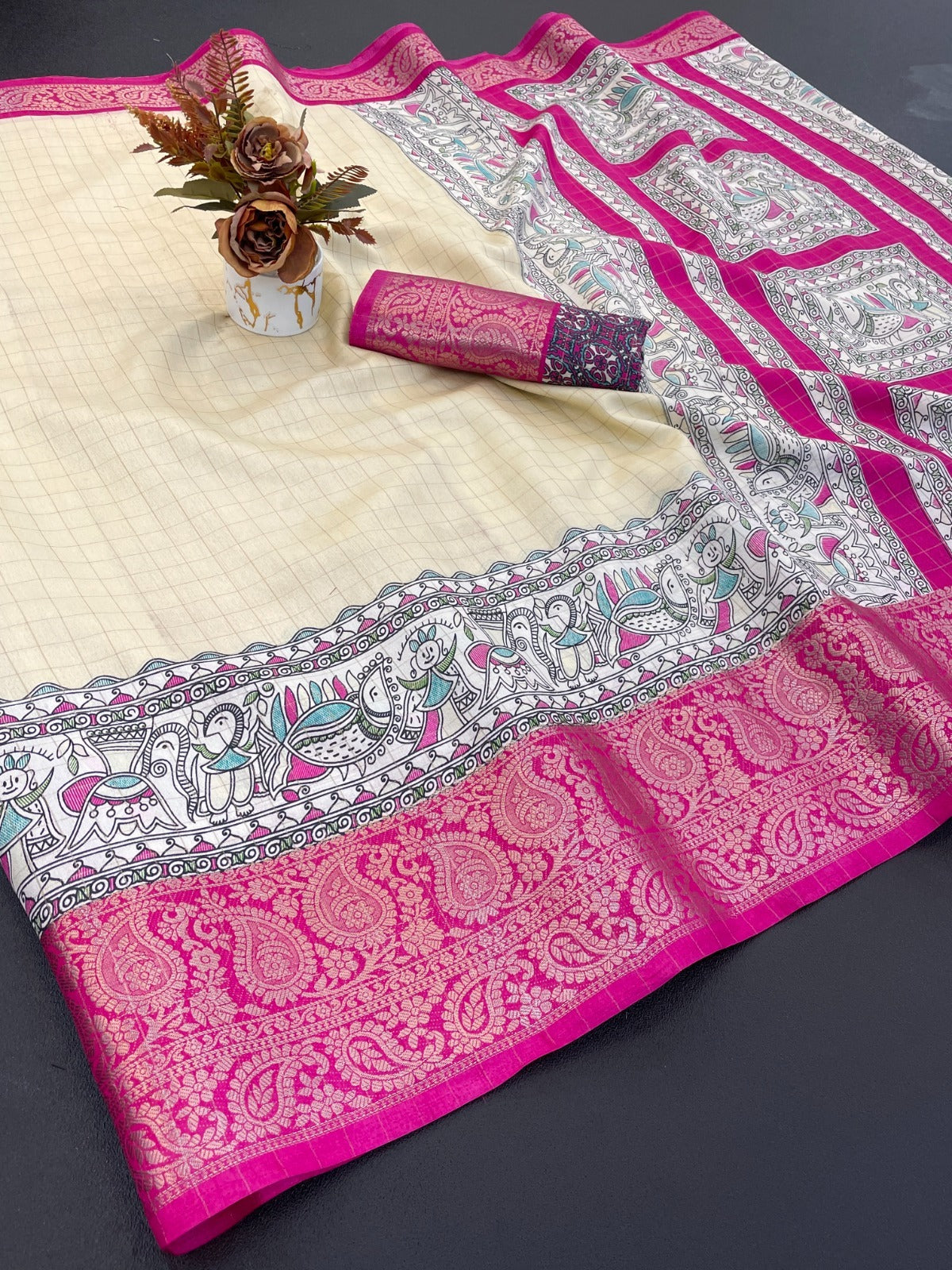 Dola Silk With Jacquard Border – Designer Printed Saree with Checks Zari & Rich Pallu