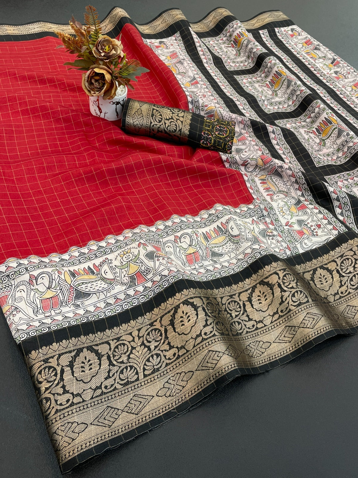 Dola Silk With Jacquard Border – Designer Printed Saree with Checks Zari & Rich Pallu