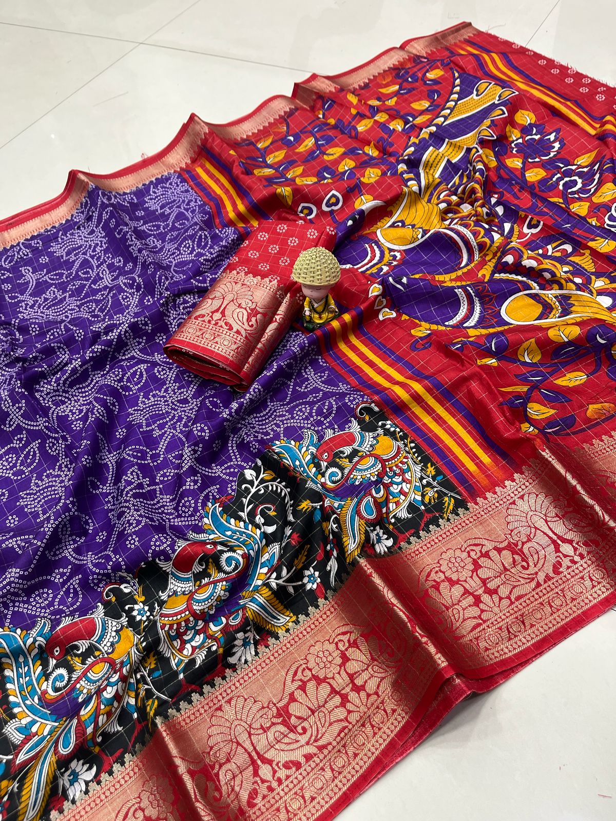 Dola Silk With Jacquard Border With Checks Zari – Designer Print Saree with Rich Pallu