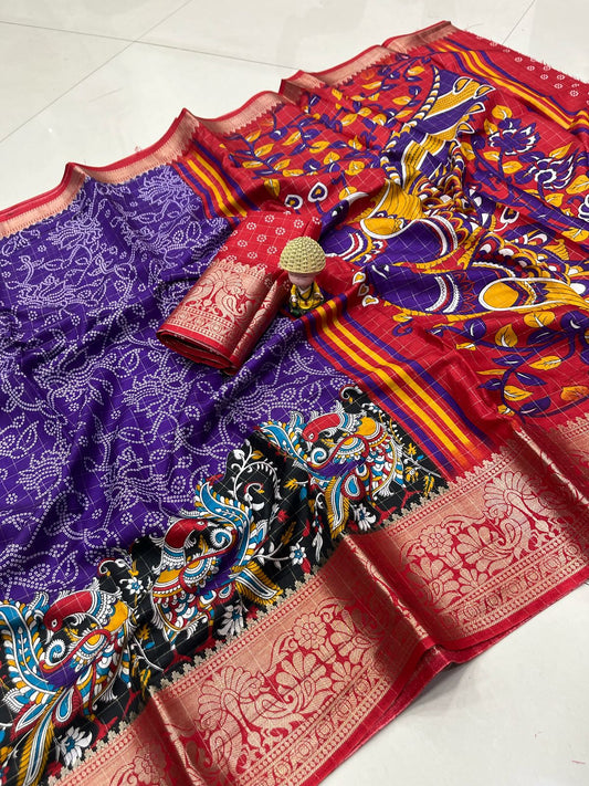 Dola Silk With Jacquard Border With Checks Zari – Designer Print Saree with Rich Pallu