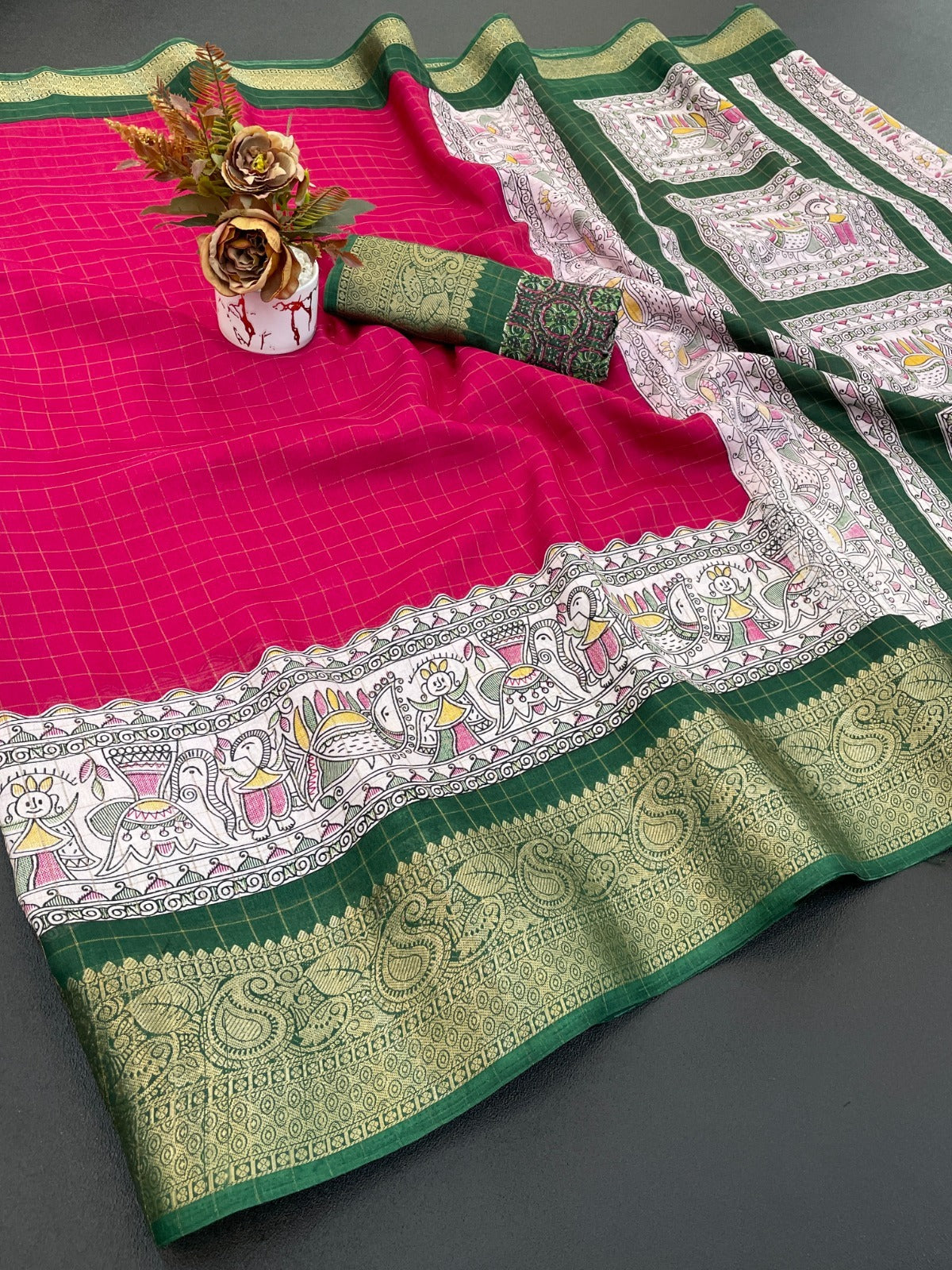 Dola Silk With Jacquard Border – Designer Printed Saree with Checks Zari & Rich Pallu