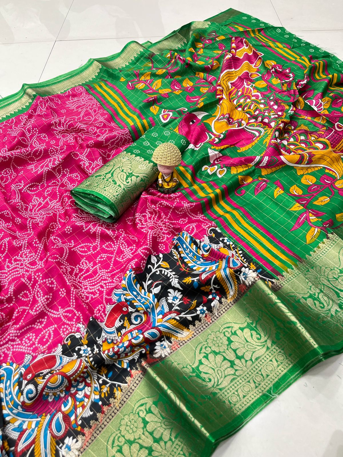 Dola Silk With Jacquard Border With Checks Zari – Designer Print Saree with Rich Pallu