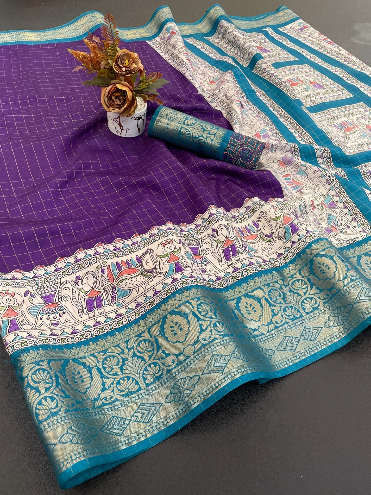 Dola Silk With Jacquard Border – Designer Printed Saree with Checks Zari & Rich Pallu
