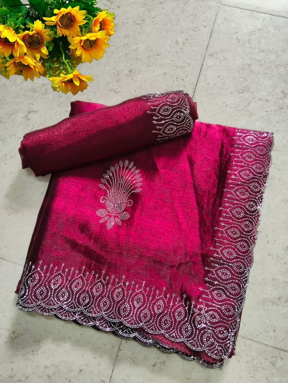 Party Wear Saree for Women | Bollywood Fancy Fabric Hot Fixing Stone Work Saree with Unstitched Blouse