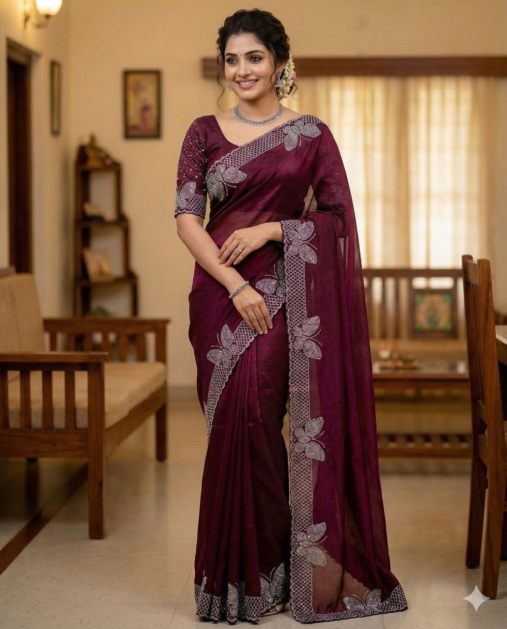 Bollywood Party Wear Saree for Women | Fancy Fabric Hot Fixing Butterfly Stone Work Saree with Unstitched Blouse