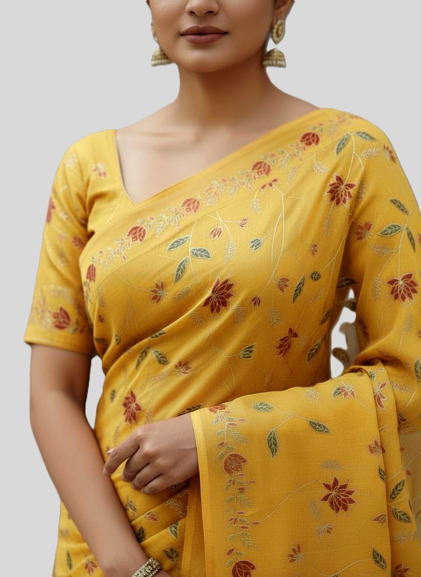 Cotton Silk Saree with Elegant Print & Foil Work – Free Size with Matching Unstitched Blouse