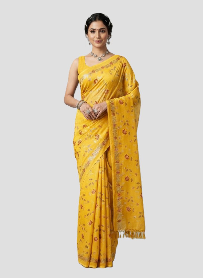 Cotton Silk Saree with Elegant Print & Foil Work – Free Size with Matching Unstitched Blouse