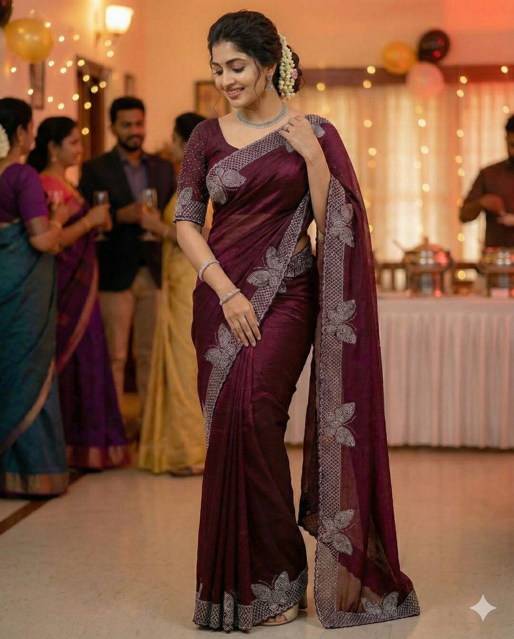 Bollywood Party Wear Saree for Women | Fancy Fabric Hot Fixing Butterfly Stone Work Saree with Unstitched Blouse