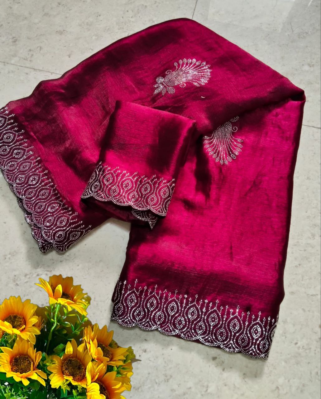 Party Wear Saree for Women | Bollywood Fancy Fabric Hot Fixing Stone Work Saree with Unstitched Blouse