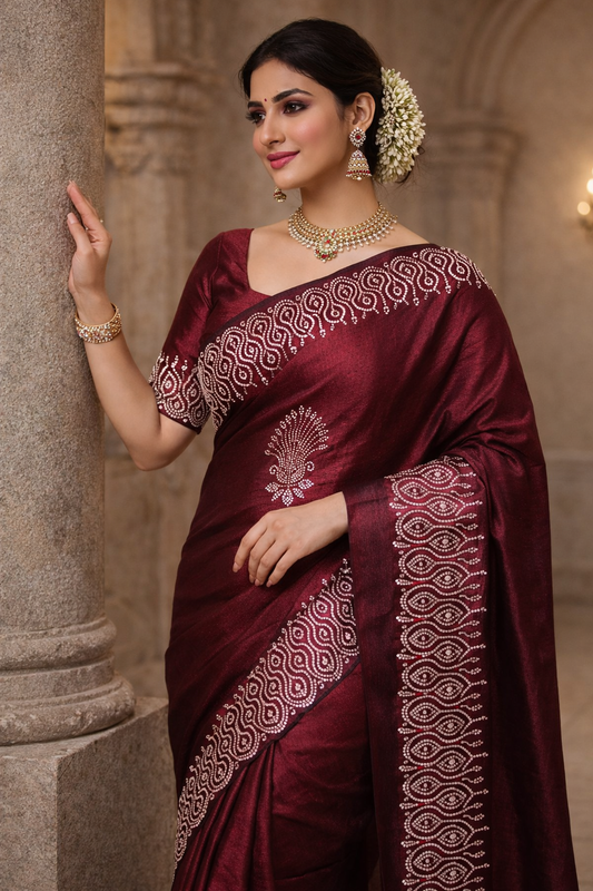 Party Wear Saree for Women | Bollywood Fancy Fabric Hot Fixing Stone Work Saree with Unstitched Blouse