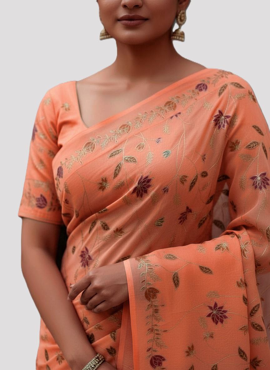 Cotton Silk Saree with Elegant Print & Foil Work – Free Size with Matching Unstitched Blouse