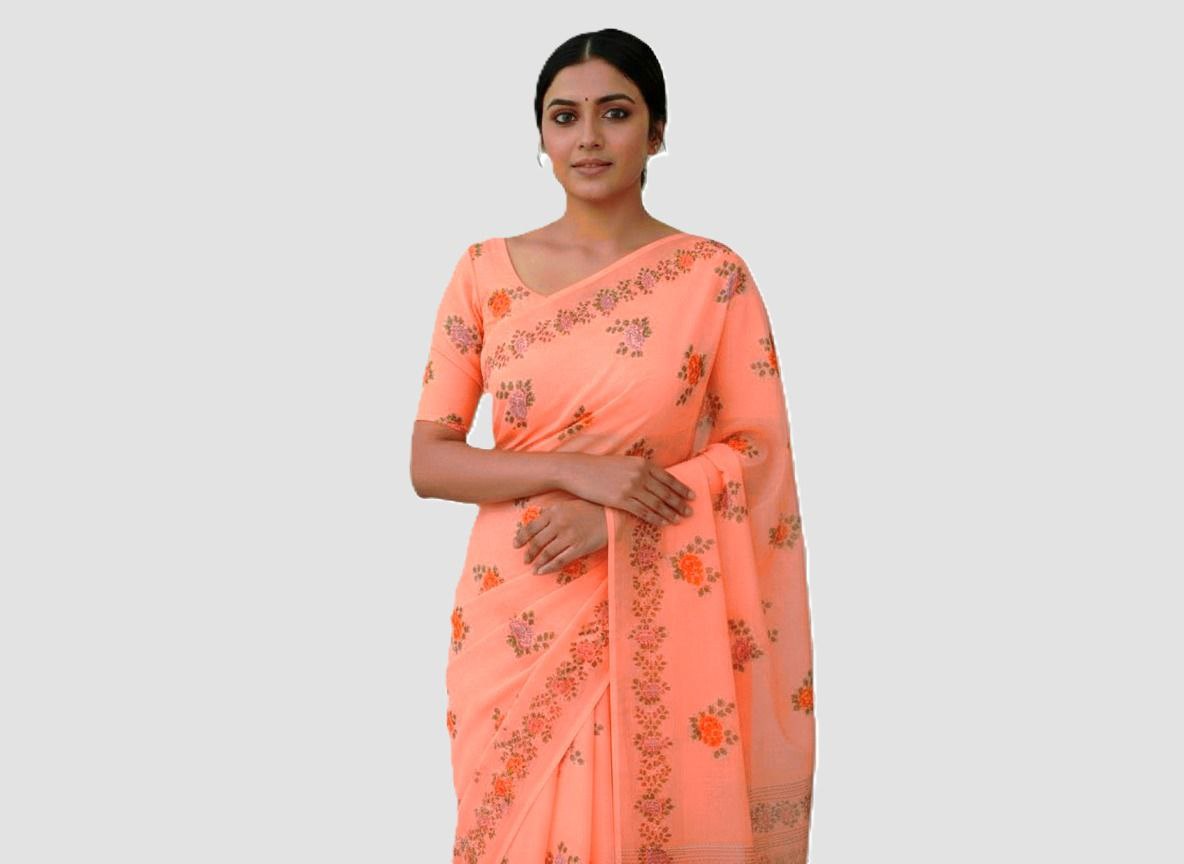 Silk Cotton Sarees Online – Floral Print & Foil Work Cotton Silk Saree with Blouse Piece