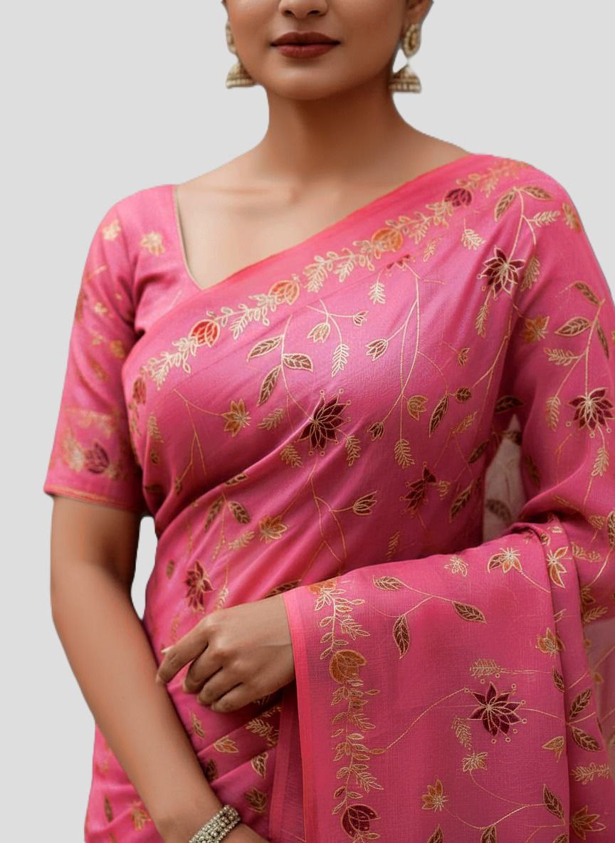 Cotton Silk Saree with Elegant Print & Foil Work – Free Size with Matching Unstitched Blouse