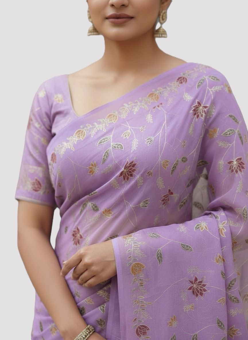 Cotton Silk Saree with Elegant Print & Foil Work – Free Size with Matching Unstitched Blouse