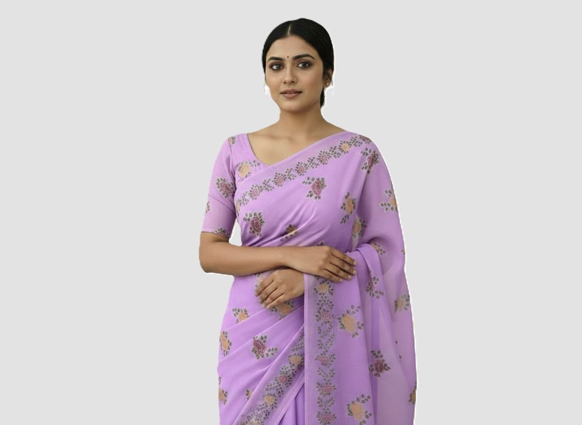 Silk Cotton Sarees Online – Floral Print & Foil Work Cotton Silk Saree with Blouse Piece