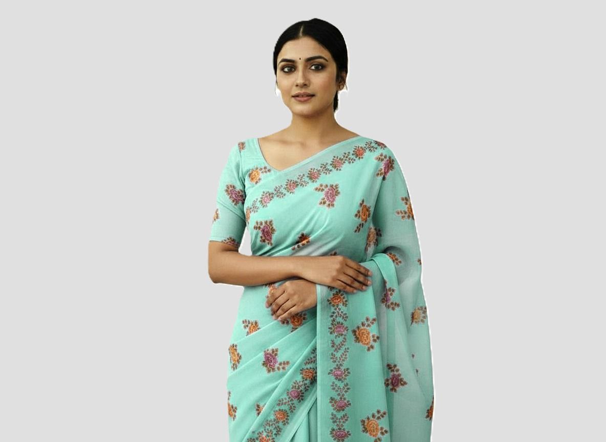 Silk Cotton Sarees Online – Floral Print & Foil Work Cotton Silk Saree with Blouse Piece