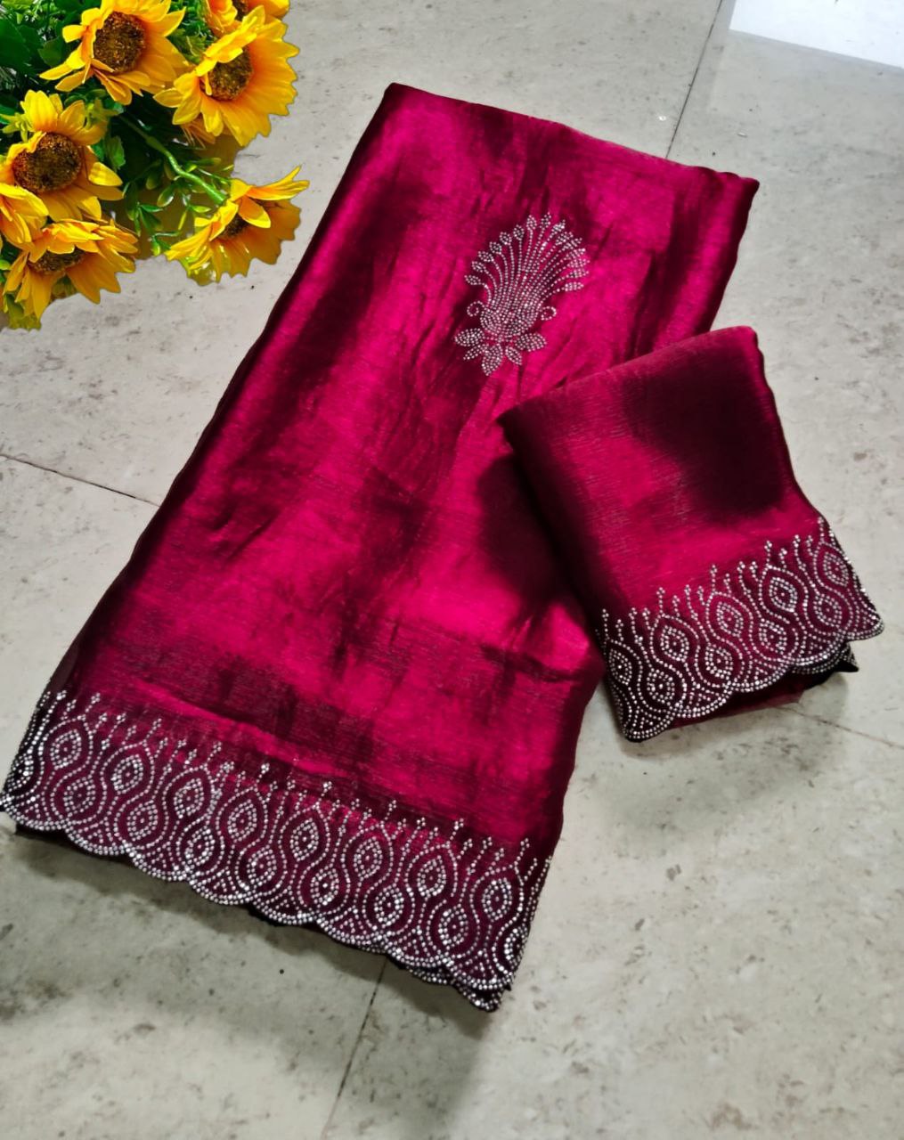 Party Wear Saree for Women | Bollywood Fancy Fabric Hot Fixing Stone Work Saree with Unstitched Blouse